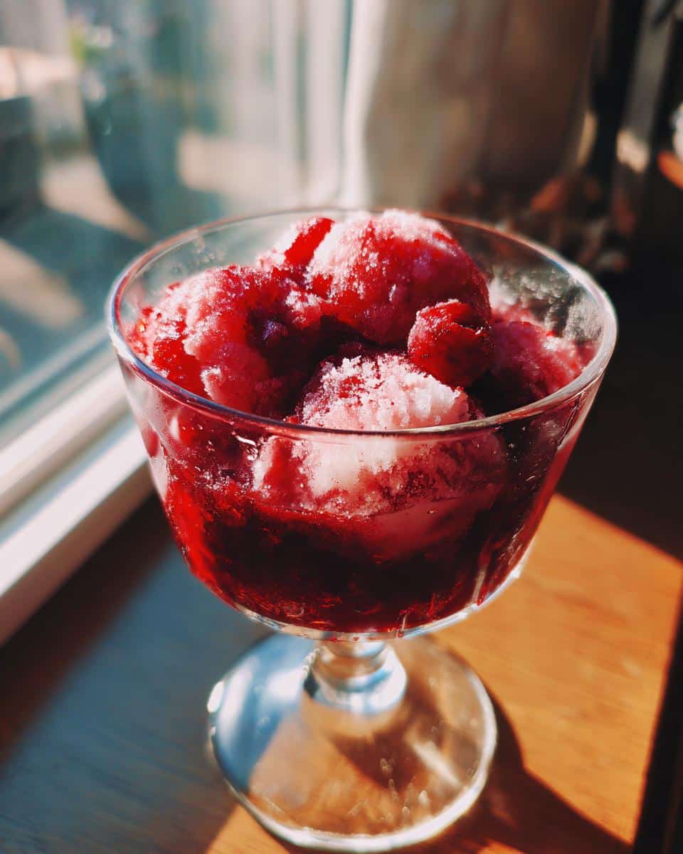 A glass filled with refreshing 3-Ingredient Christmas Punch, featuring a vibrant red color and icy texture.