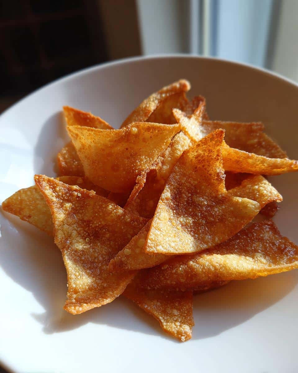 A bowl filled with golden-brown, crispy Air Fryer Lumpia Chips, ready to be enjoyed as a snack.