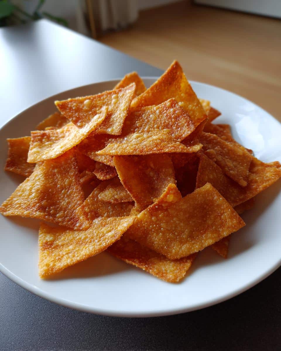 A plate piled high with golden brown, crispy Air Fryer Lumpia Chips.