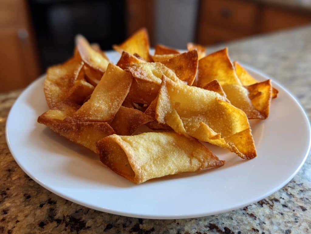 Golden brown Air Fryer Lumpia Chips piled on a white plate, showcasing their crispy texture.