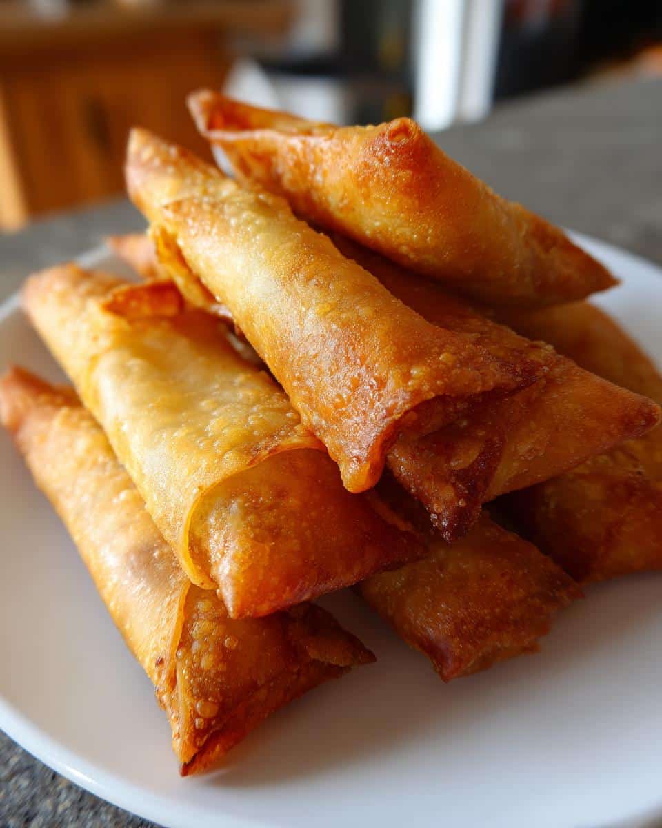 A stack of golden brown Air Fryer Lumpia Chips on a white plate, showcasing their crispy texture.