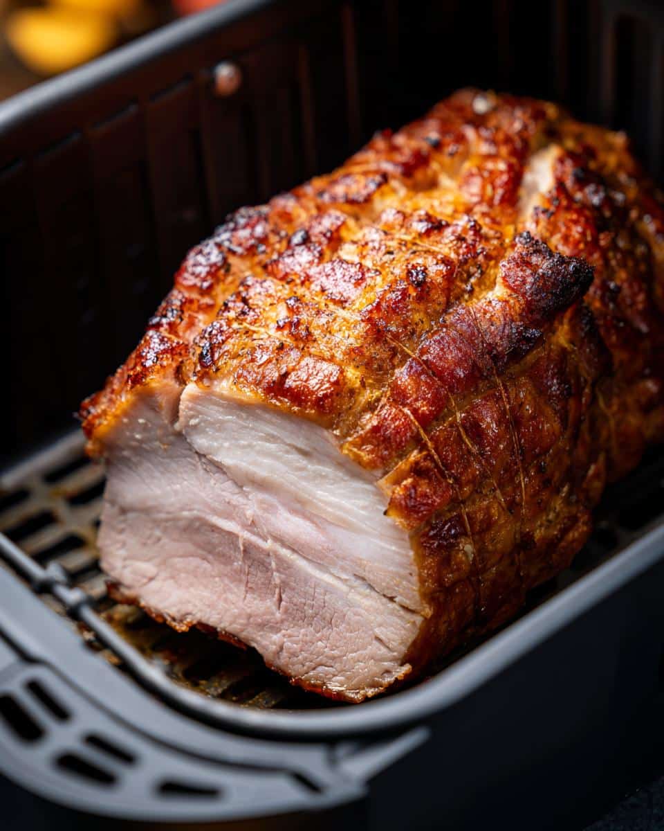 Close-up of a perfectly cooked Air Fryer Turkey breast in the air fryer basket, showcasing its golden-brown crust.