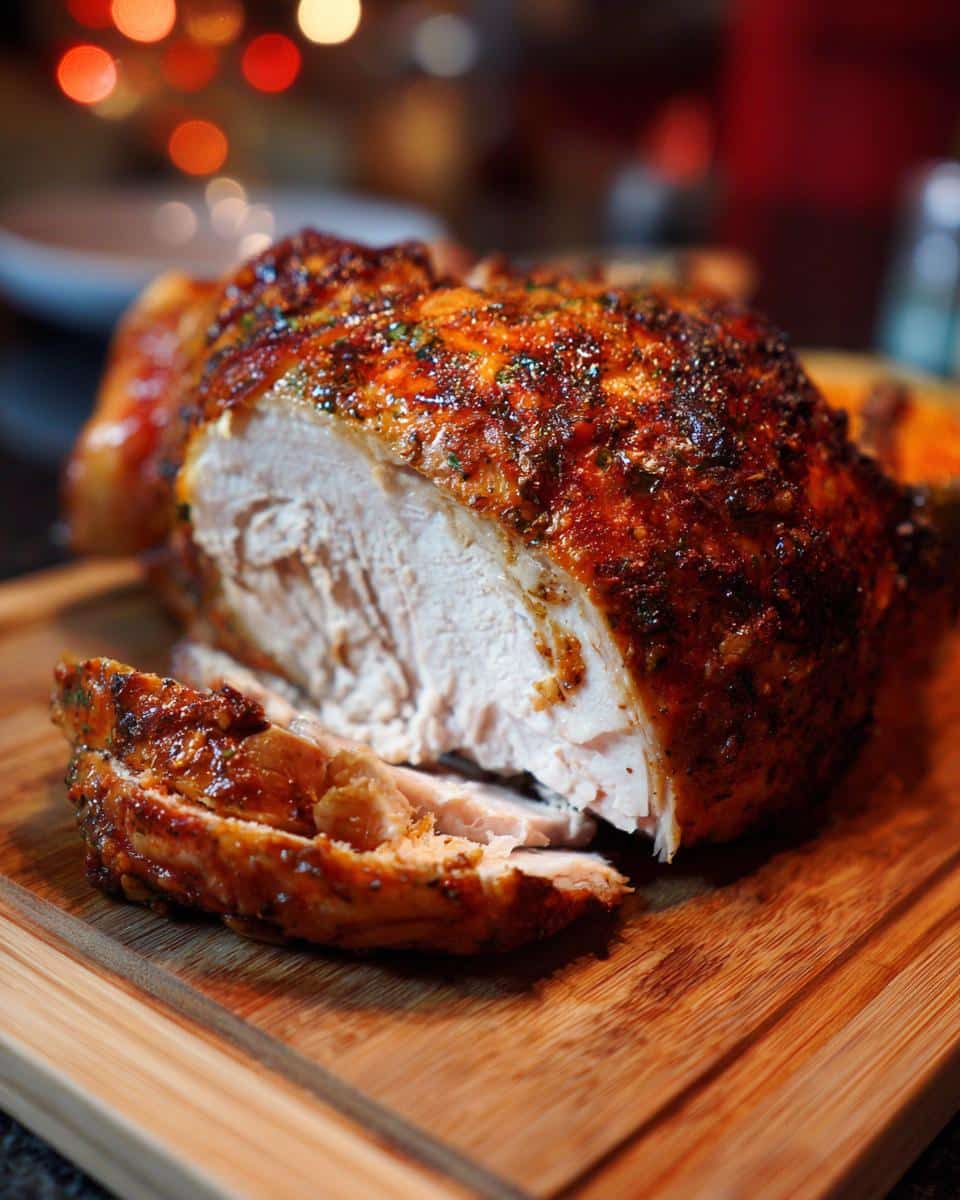 Close-up of a sliced Air Fryer Turkey breast with crispy skin on a wooden cutting board.