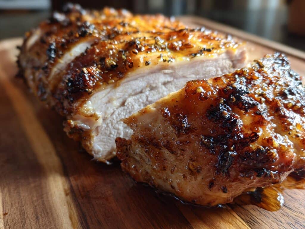 Close-up of a sliced Air Fryer Turkey breast on a wooden cutting board, showcasing its golden-brown crust and juicy interior.