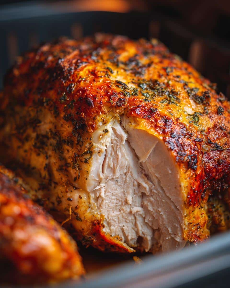 Close-up of a cooked Air Fryer Turkey breast with herbs, showing juicy meat.