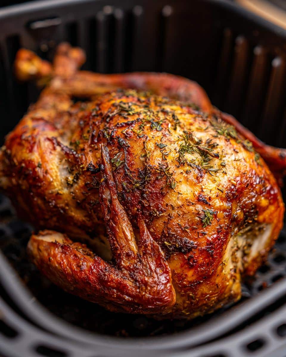 Whole Air Fryer Turkey cooked to golden perfection in an air fryer basket, seasoned with herbs.