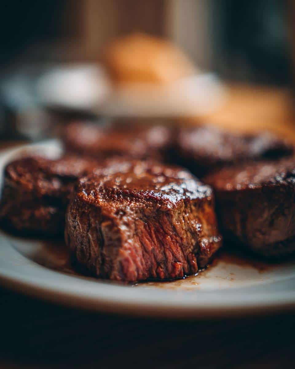 Close-up of an Allison Plate featuring perfectly cooked filet mignon steaks on a white plate.