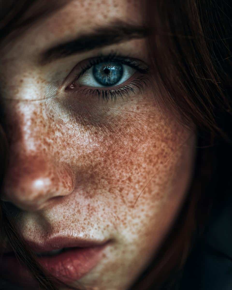 Close-up of a woman's face showcasing freckles and a striking blue eye, a beautiful example of an Allison Plate.