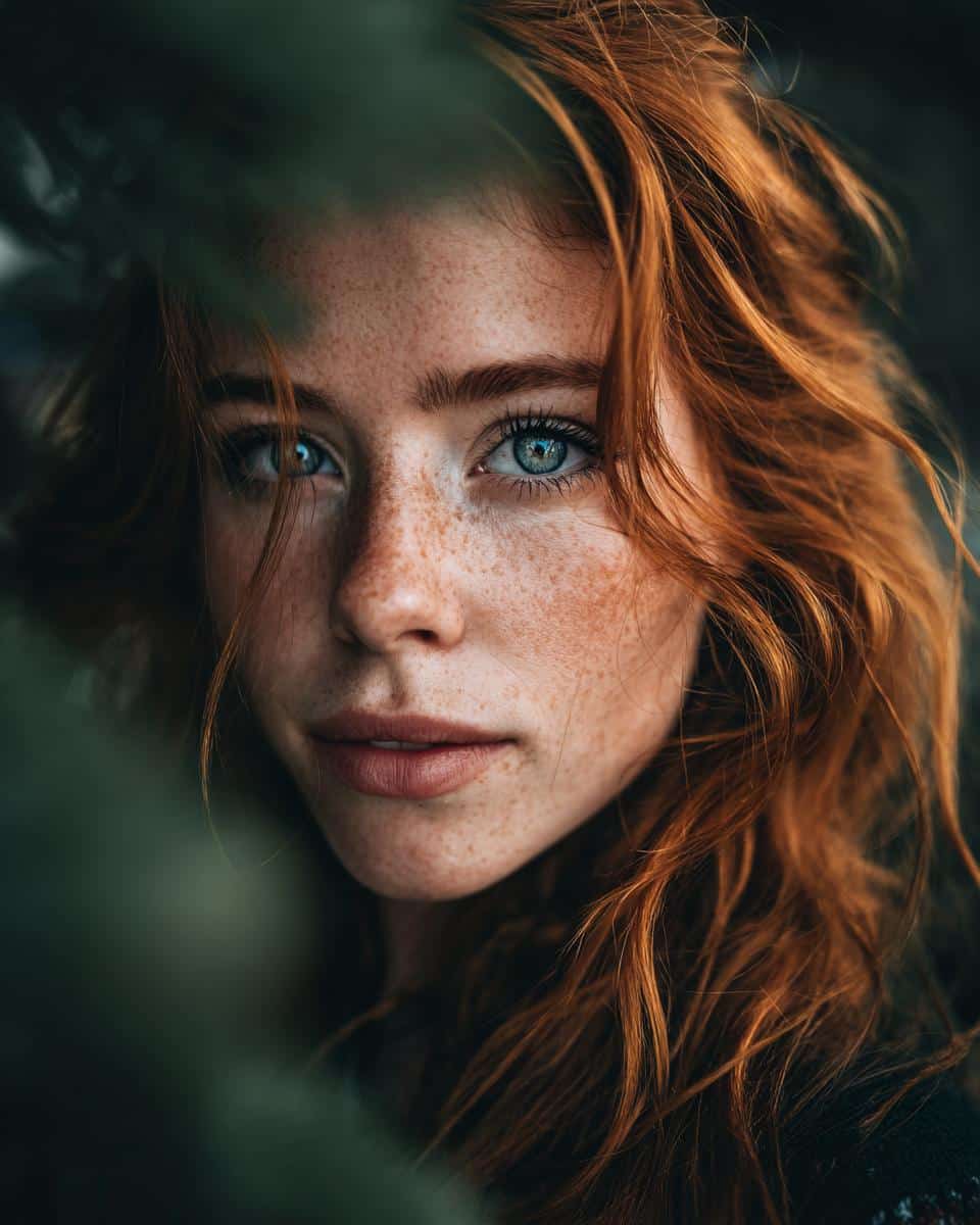 Close-up portrait of a woman with red hair and freckles, showcasing the Allison Plate look.