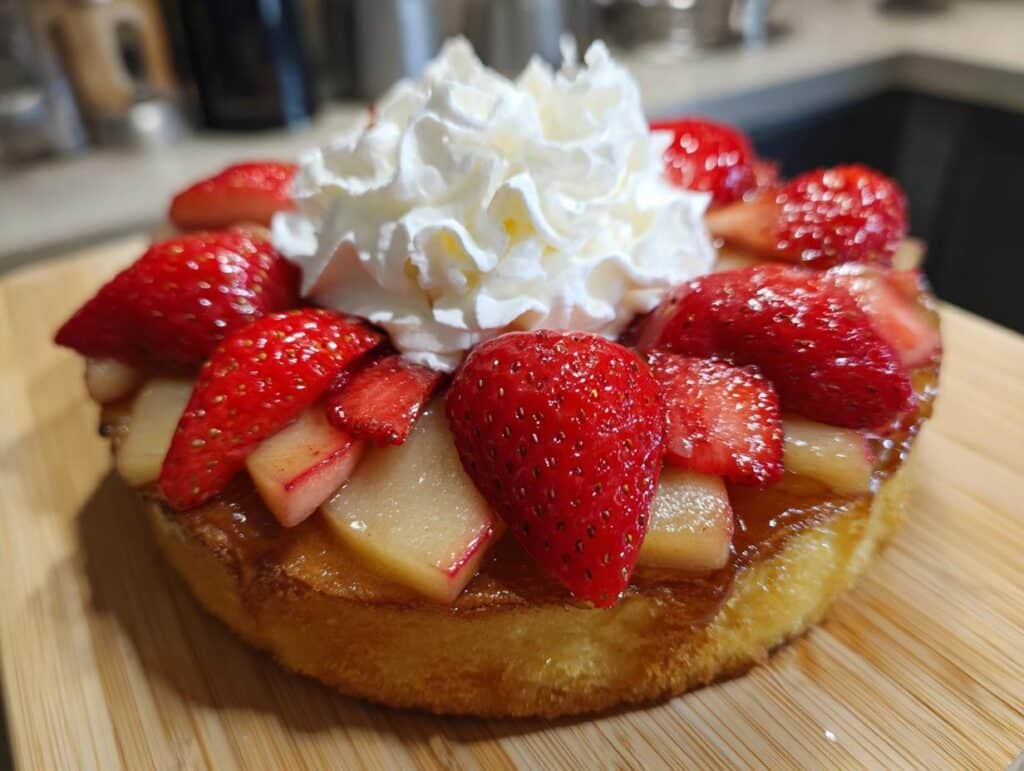 Delicious apple dumpling strawberry shortcake topped with fresh strawberries and whipped cream.