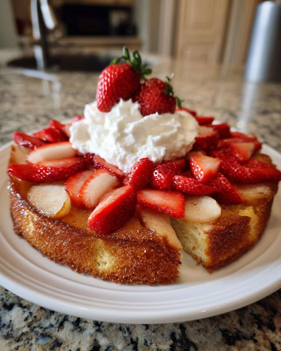 Delicious apple dumpling strawberry shortcake topped with fresh strawberries and whipped cream on a white plate.