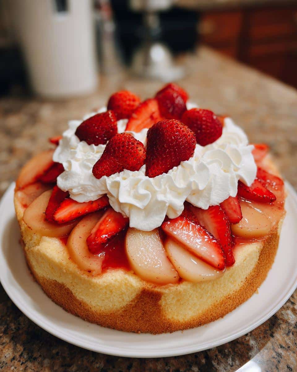 Delicious apple dumpling strawberry shortcake topped with fresh strawberries and whipped cream.