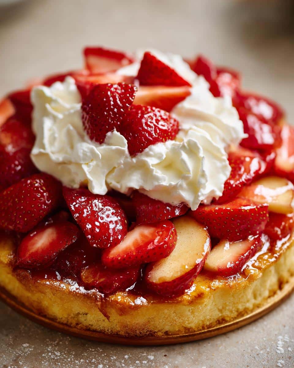 Delicious apple dumpling strawberry shortcake topped with fresh strawberries and whipped cream.