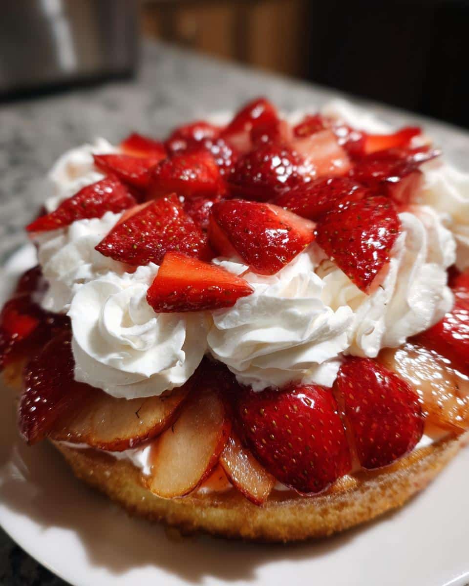 Close-up of apple dumpling strawberry shortcake topped with fresh strawberries and whipped cream.