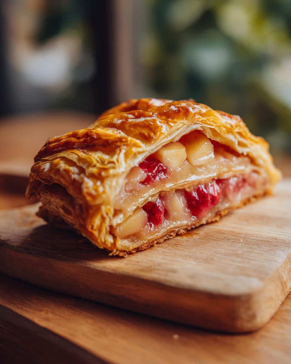 A slice of apple and raspberry strudel, showcasing the flaky layers of an easy puff pastry desserts.