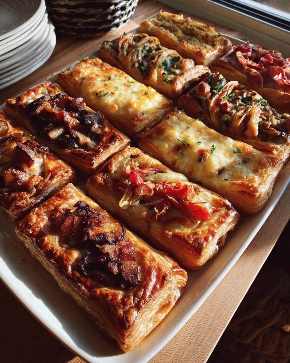 A platter of assorted puff pastry ideas with various toppings, including cheese, vegetables, and meats.