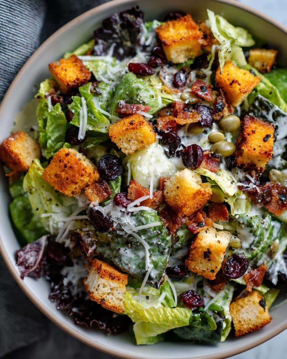 Overhead shot of a vibrant Autumn Caesar Salad with croutons, bacon, cranberries, and pumpkin seeds.
