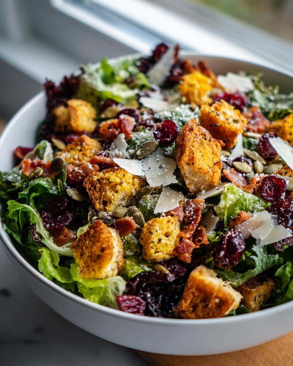 Close-up of a vibrant Autumn Caesar Salad with croutons, cranberries, bacon, and parmesan in a white bowl.