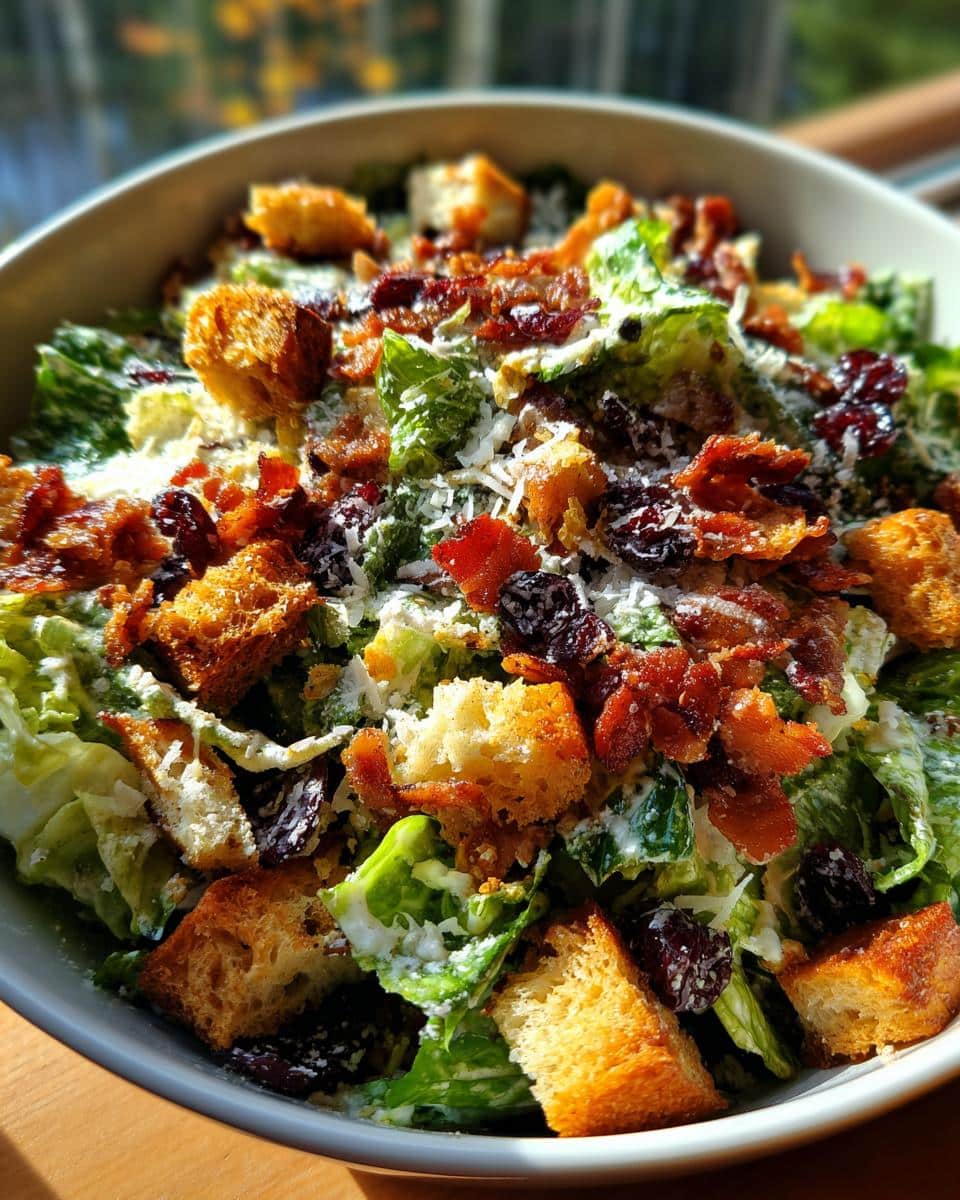 A bowl of Autumn Caesar Salad with lettuce, croutons, bacon, cranberries, and parmesan cheese.