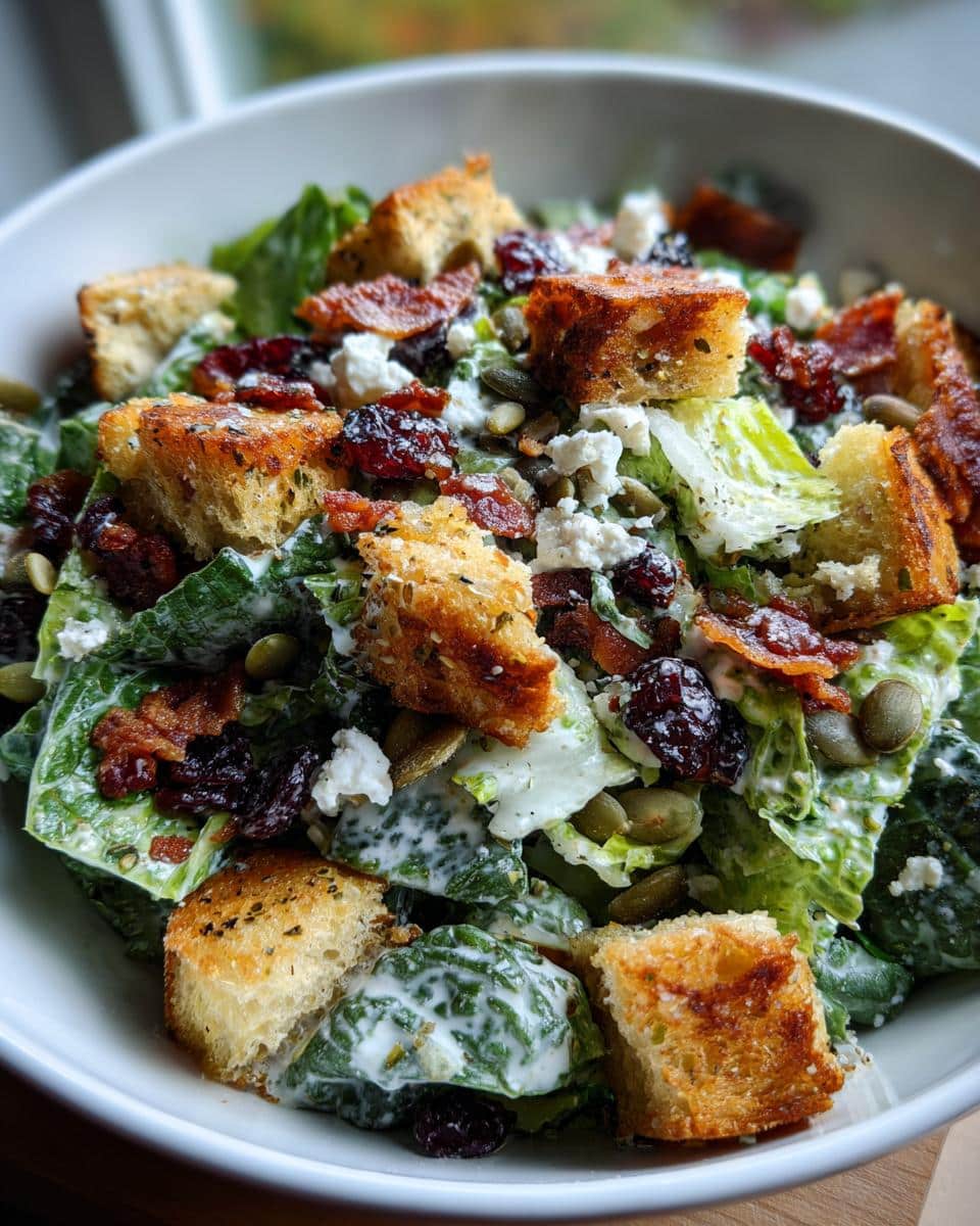 Overhead view of a bowl of Autumn Caesar Salad with croutons, cranberries, bacon, pumpkin seeds, and cheese.
