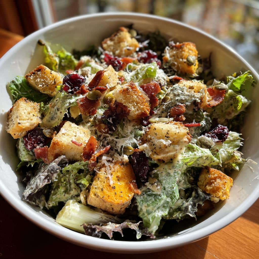 Overhead view of a vibrant Autumn Caesar Salad with croutons, cranberries, bacon, and pumpkin seeds.