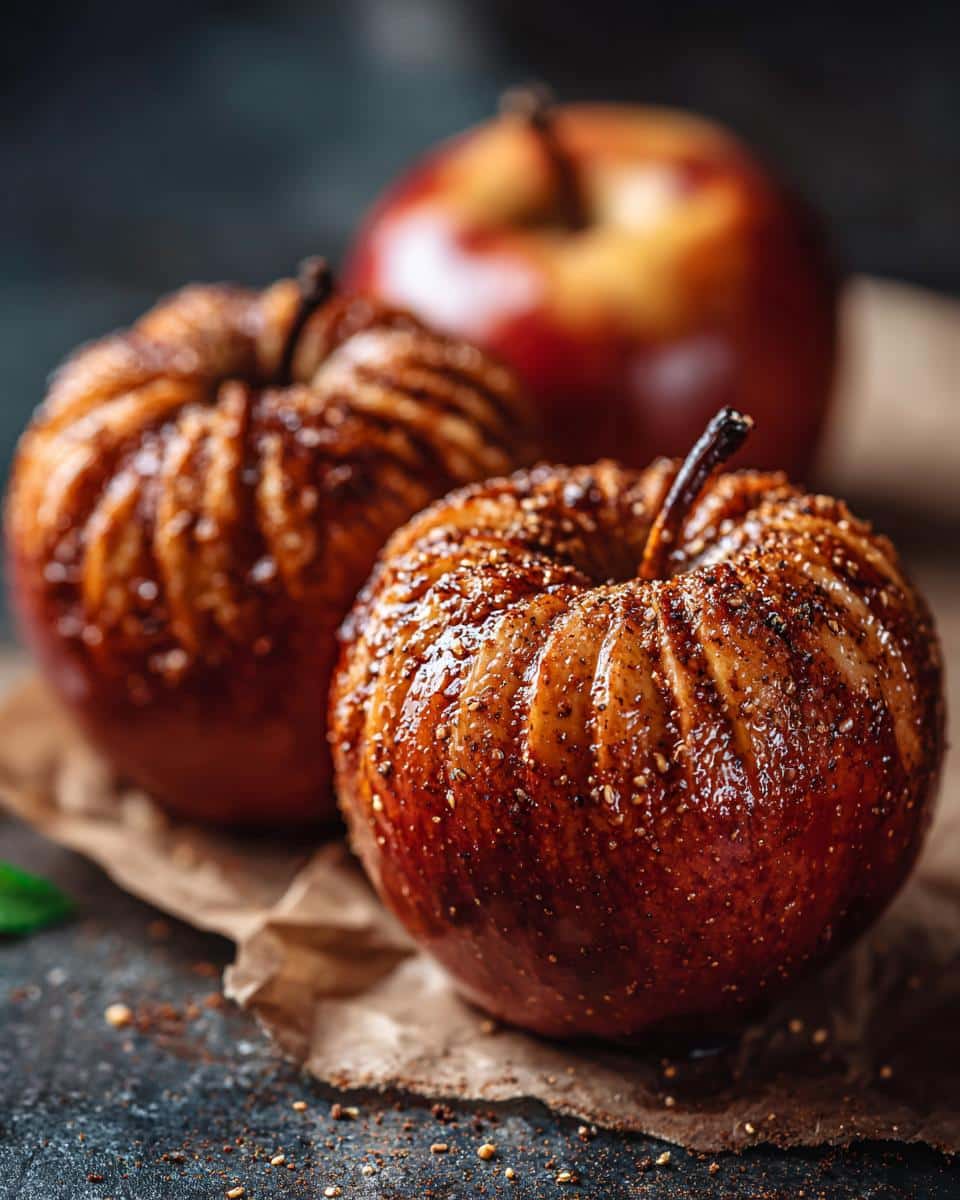Close-up of baked apples with a spiced glaze, recipe from Half Baked Harvest.