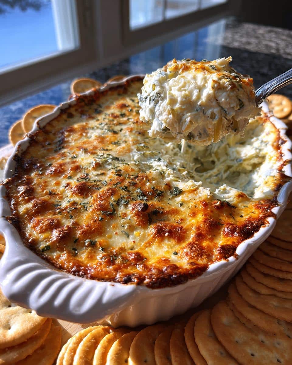 Creamy baked Artichoke Dip being scooped from a white dish, surrounded by crackers.
