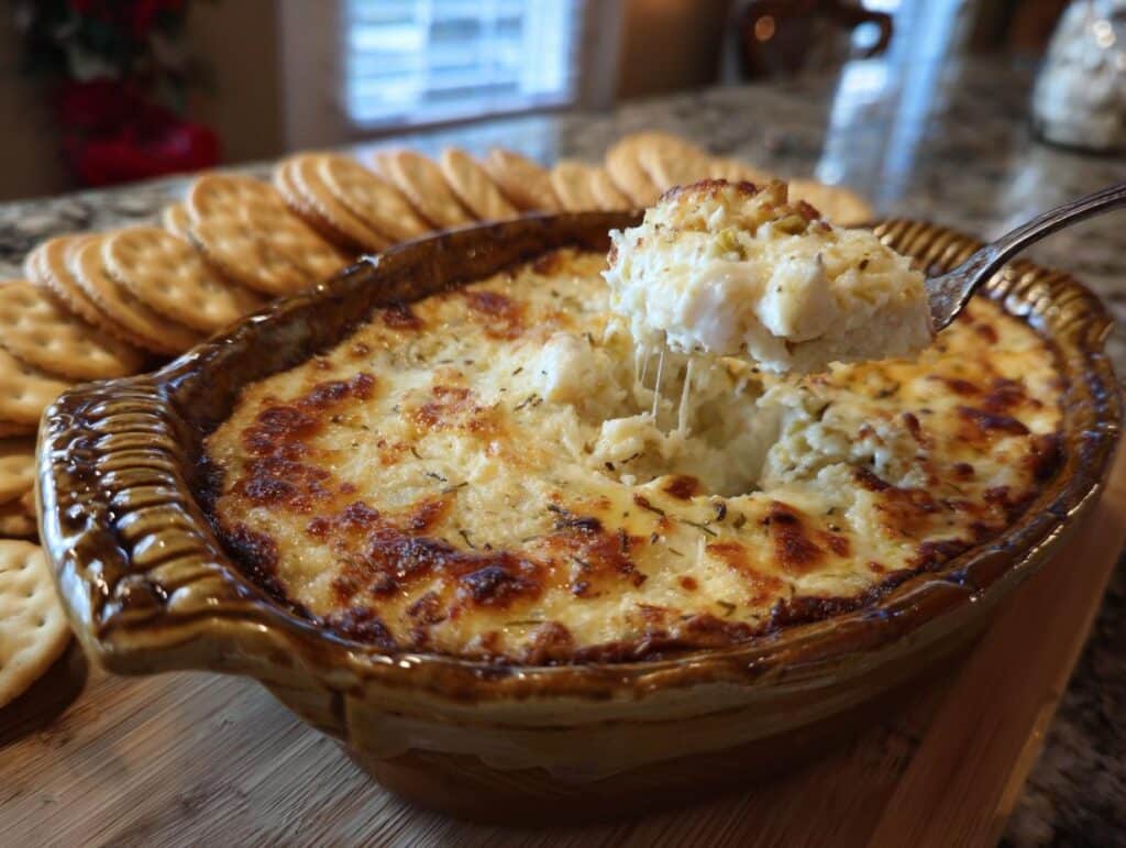 Hot, cheesy Artichoke Dip being scooped from a baking dish, served with crackers.
