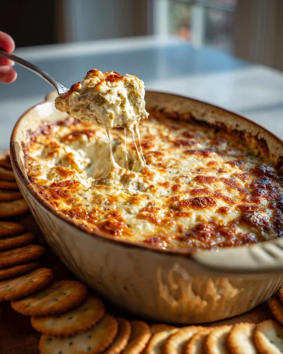 Spoonful of cheesy baked Artichoke Dip being lifted from a baking dish, surrounded by crackers.