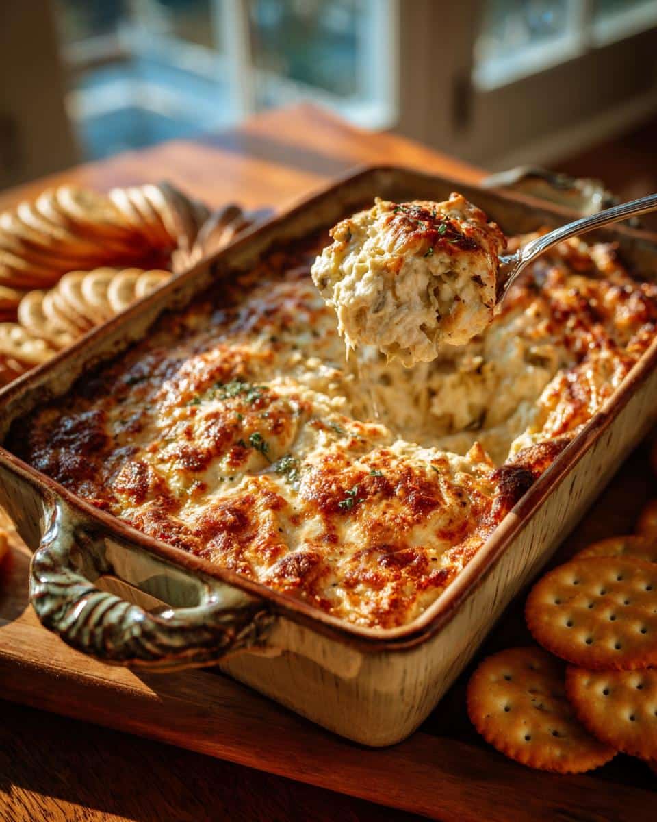 Creamy Artichoke Dip in a baking dish, with a spoonful being lifted out. Crackers surround the dish.