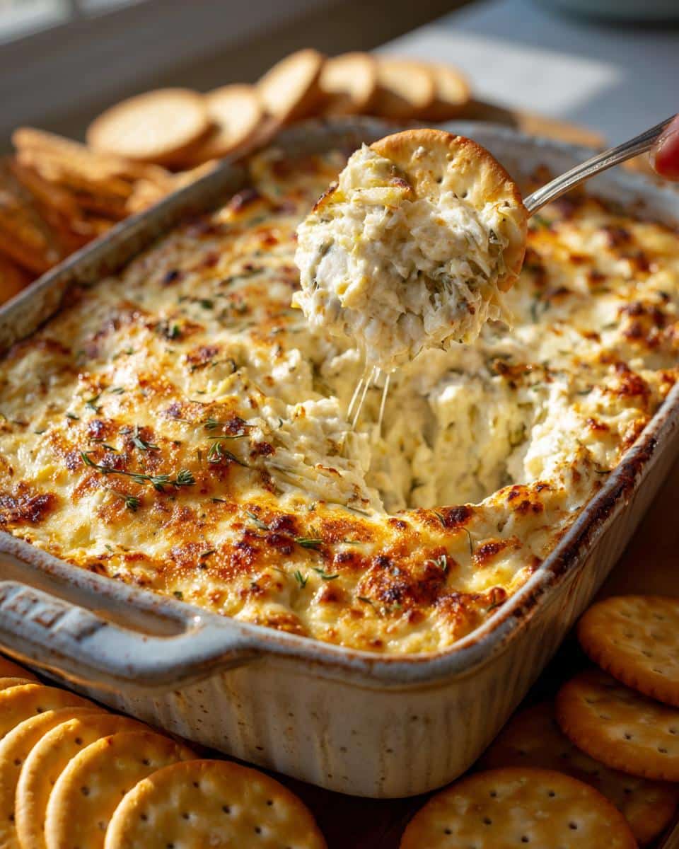Close-up of creamy artichoke dip being scooped with a cracker, served in a baking dish.