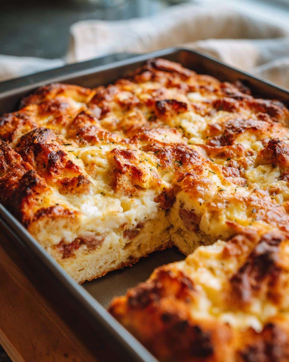 Delicious baked breakfast casserole in a baking pan, ready to serve. Golden brown and cheesy.