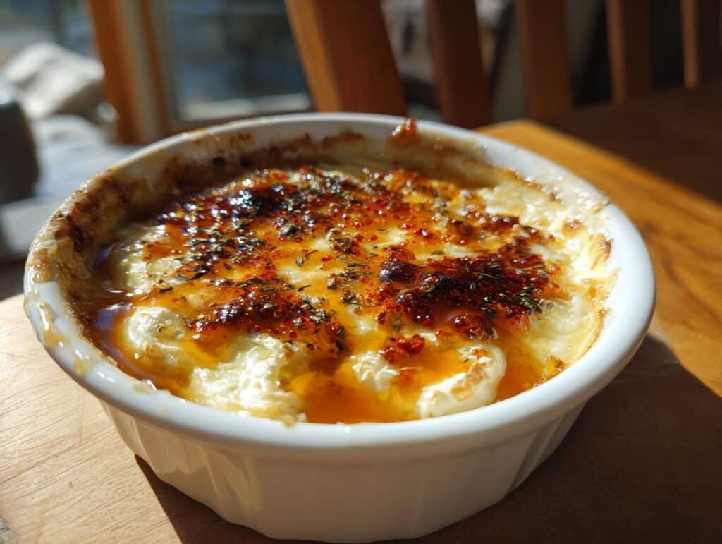 Close-up of Baked Brie with Honey & Chili Crisp in a white ramekin dish.