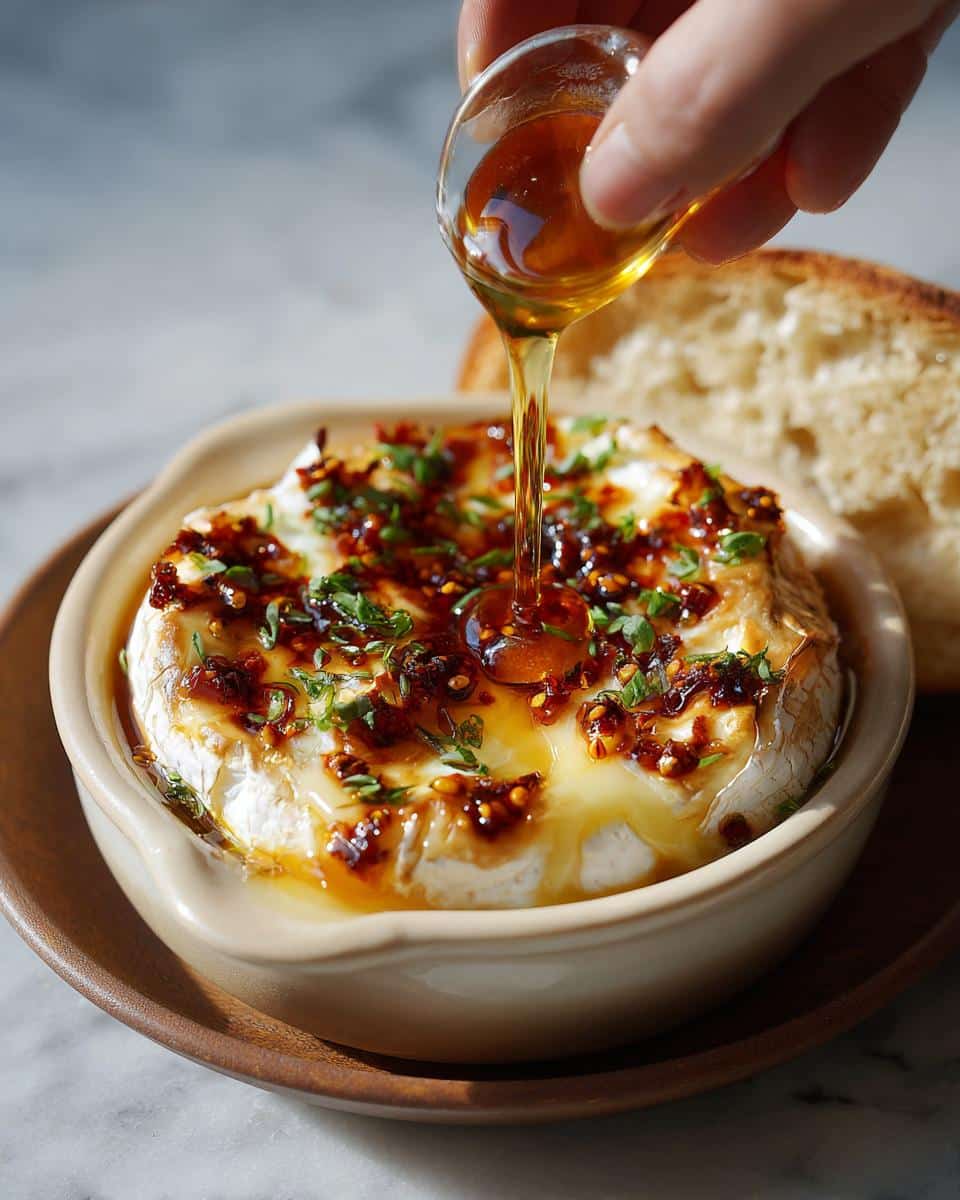 Close-up of Baked Brie with Honey & Chili Crisp being drizzled with honey, served with bread.