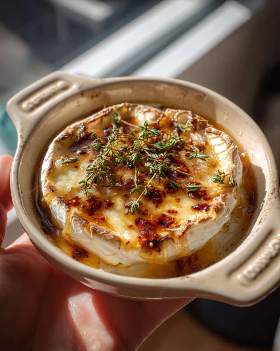 Close-up of Baked Brie with Honey & Chili Crisp, topped with thyme in a baking dish.