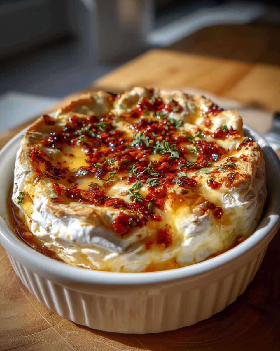 Close-up of Baked Brie with Honey & Chili Crisp in a white baking dish, garnished with herbs.