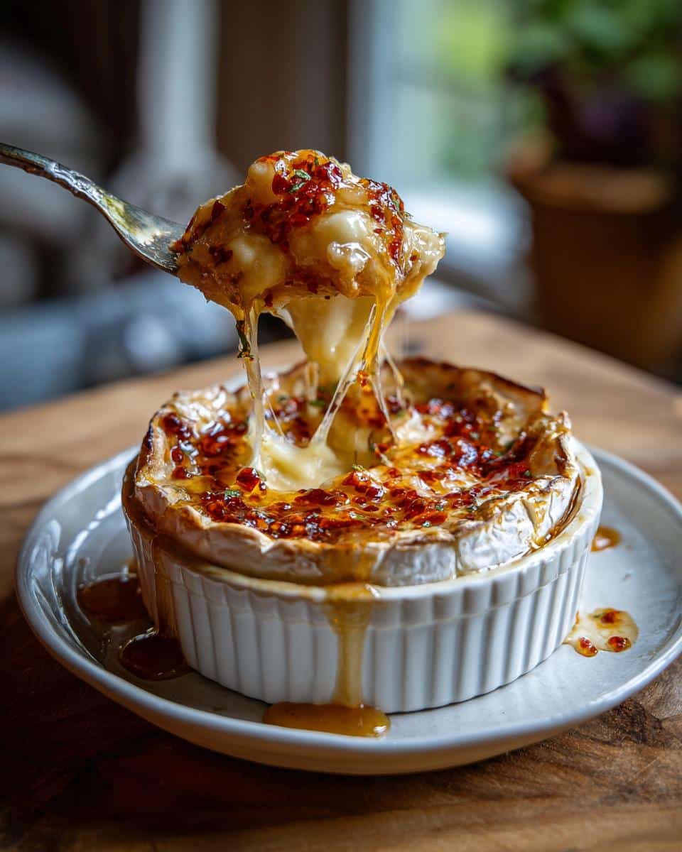 A spoonful of gooey Baked Brie with Honey & Chili Crisp being lifted from a ramekin, cheese pulling away.