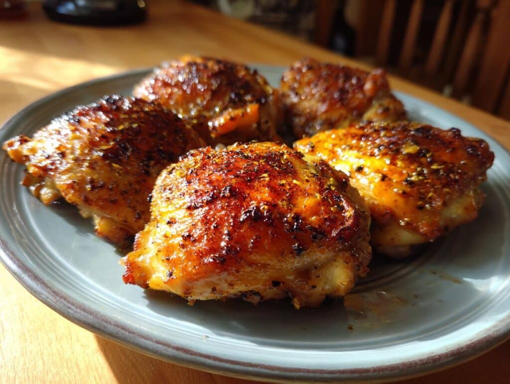 A plate of golden brown baked chicken thigh recipes, showcasing crispy skin and juicy meat.