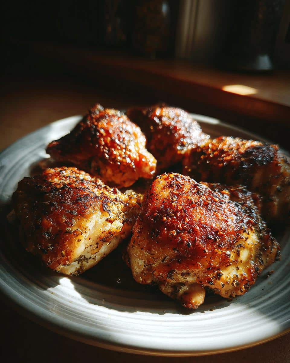 A plate of baked chicken thigh recipes, showcasing crispy skin and juicy meat.