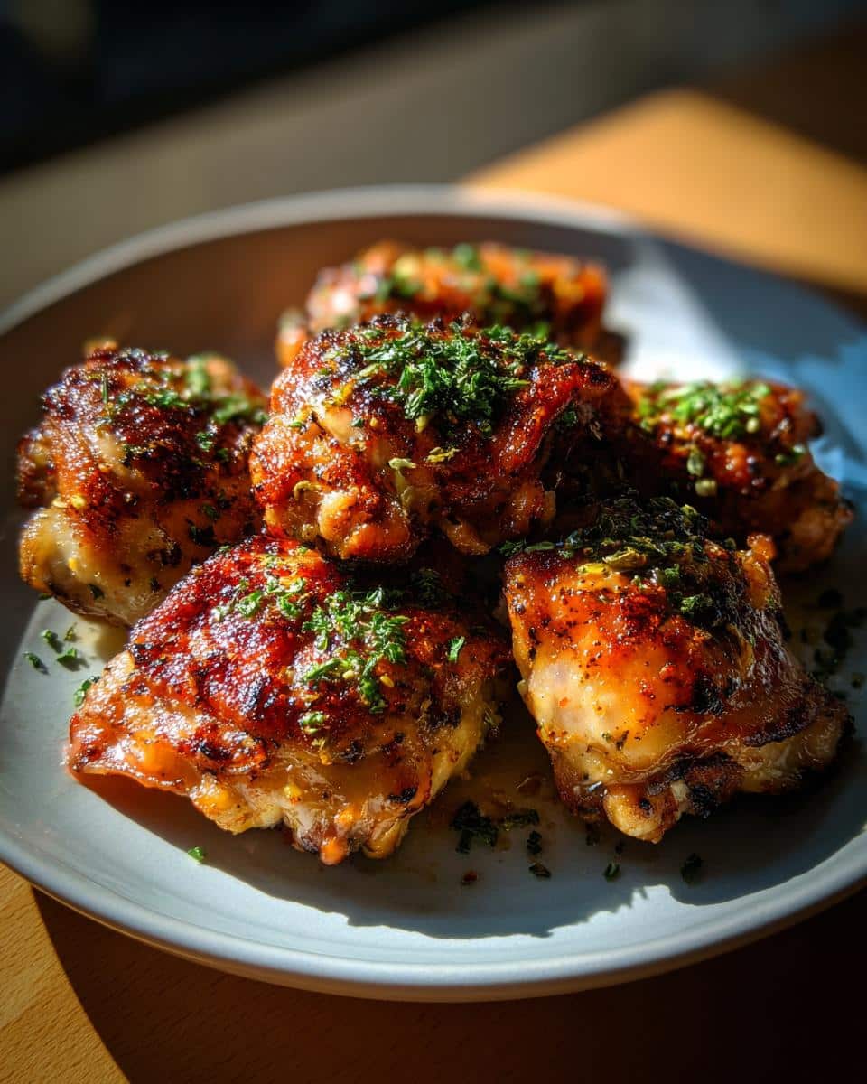 A plate of baked chicken thigh recipes, garnished with fresh herbs, ready to be served.
