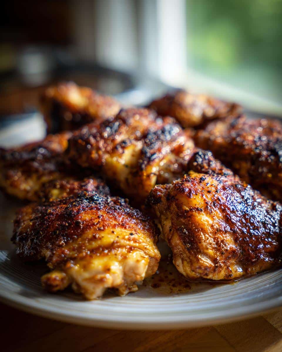 Plate of crispy baked chicken thigh recipes, showcasing golden-brown skin and juicy meat.
