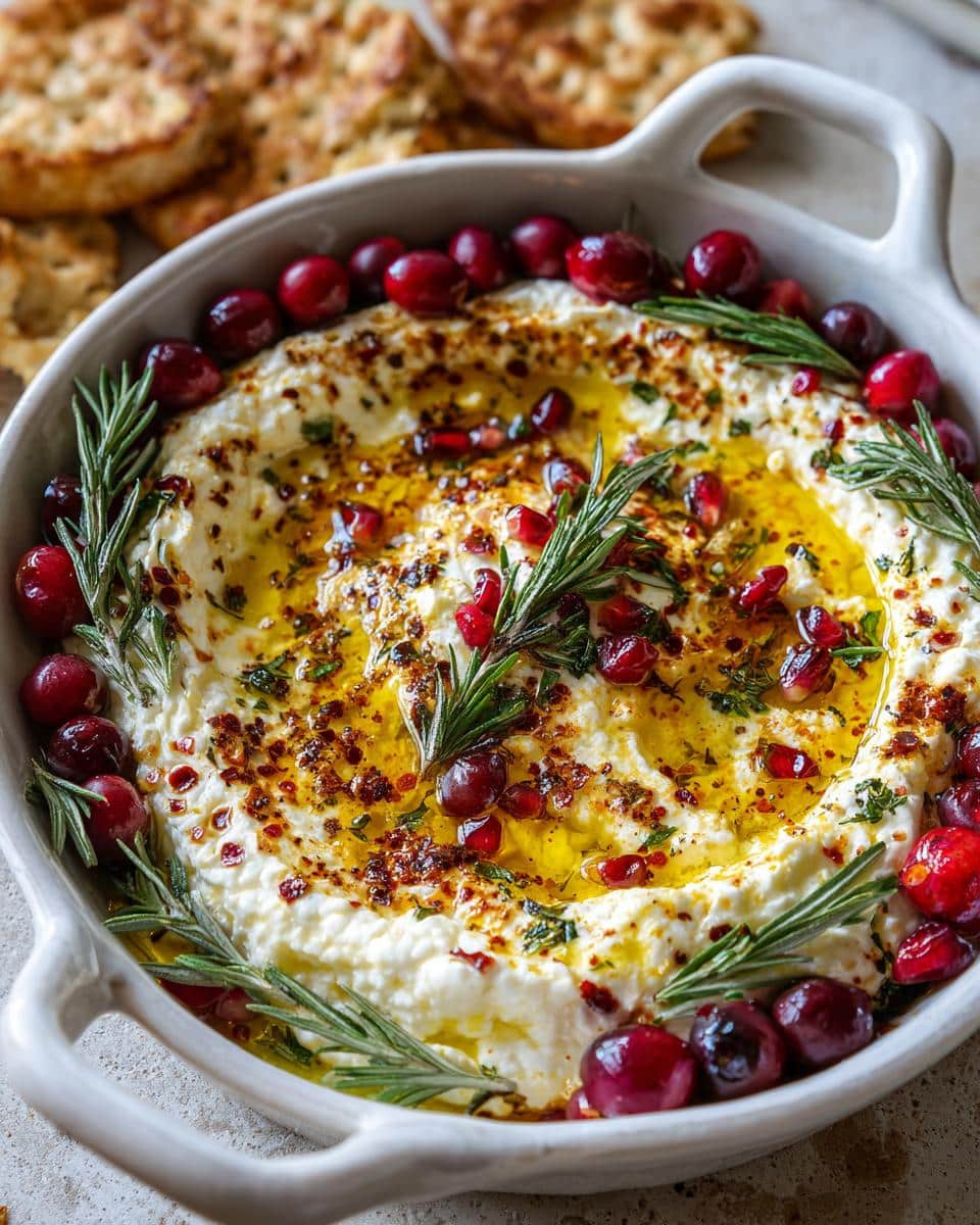 Overhead view of Baked Feta Holiday Dip decorated with cranberries, rosemary, and pomegranate seeds.