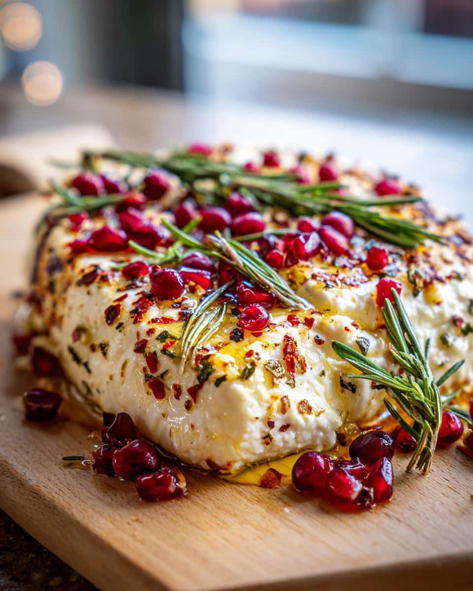 Close-up of Baked Feta Holiday Dip topped with pomegranate seeds and rosemary sprigs on a wooden board.