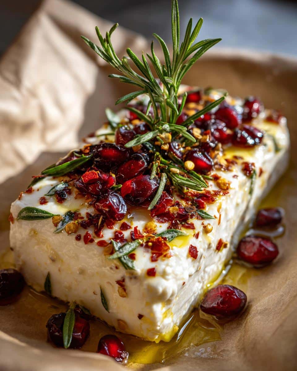 A block of Baked Feta Holiday Dip topped with pomegranate seeds, herbs, and chili flakes.