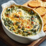 Hot spinach artichoke dip in a white baking dish, served with crackers on a wooden board.