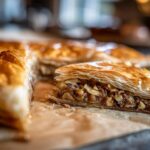 Close-up of baklava, a phyllo dough recipes dessert, filled with nuts and syrup, showcasing its flaky layers.