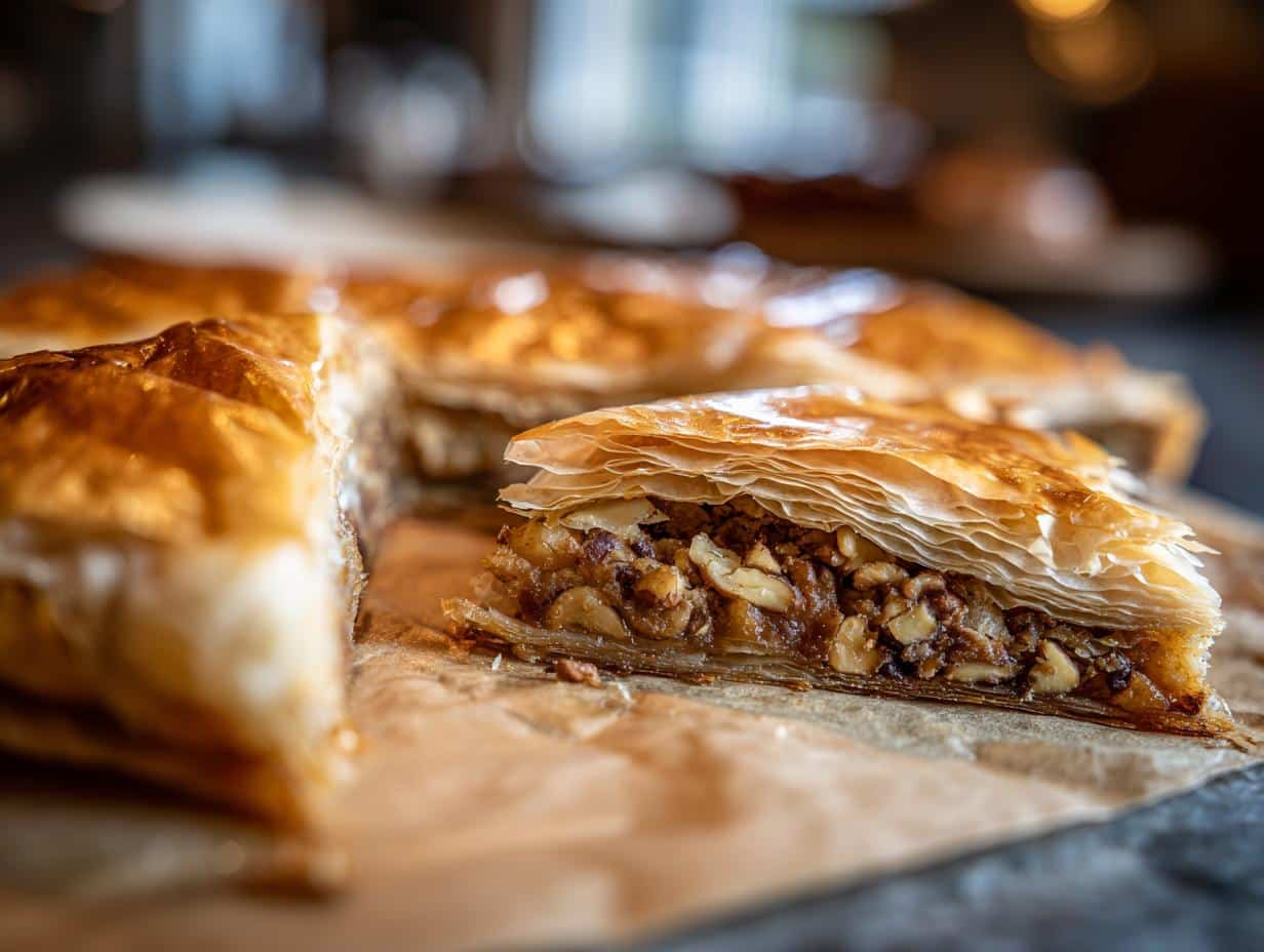 Close-up of baklava, a phyllo dough recipes dessert, filled with nuts and syrup, showcasing its flaky layers.