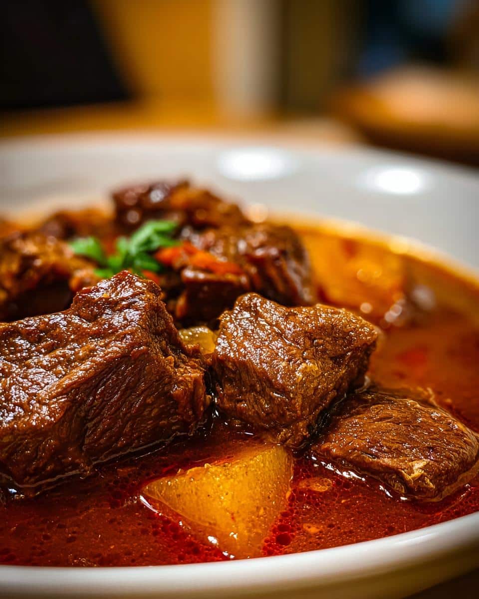 Close-up of hearty beef stew with tender beef chunks, potatoes, and rich gravy.
