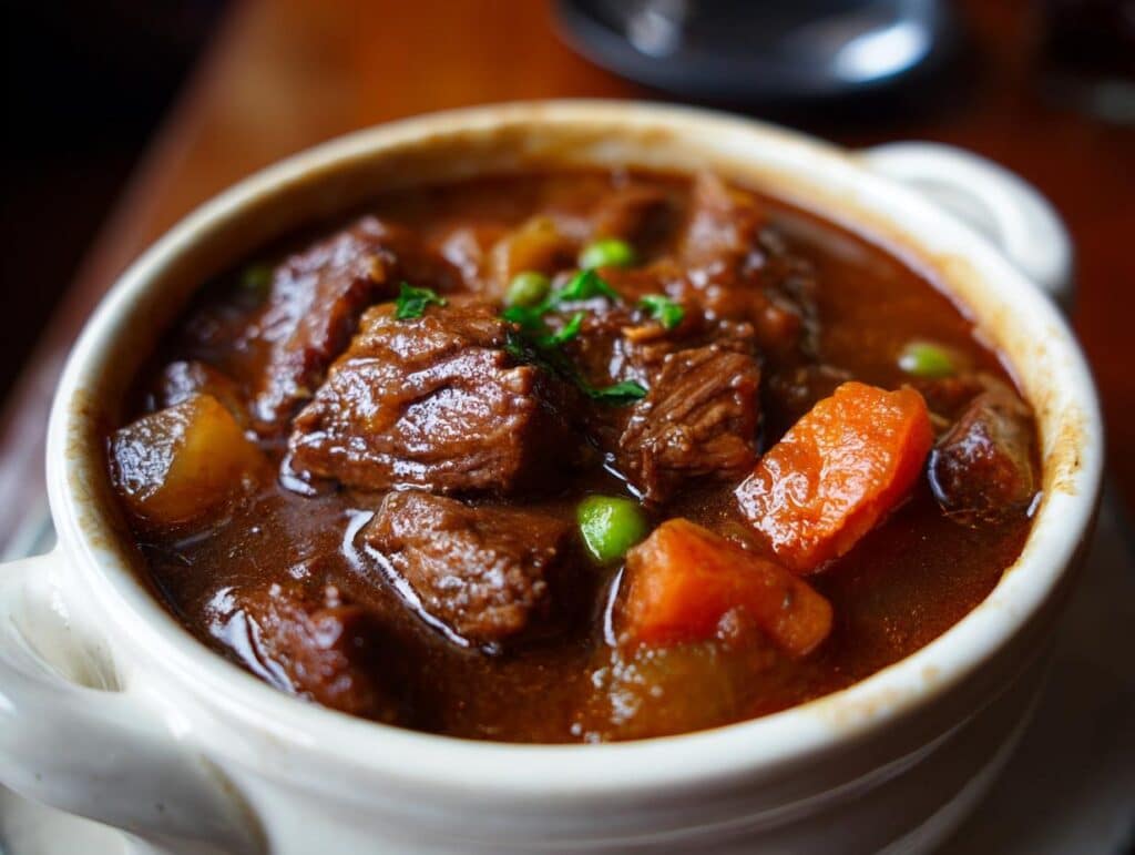 Close-up of a bowl filled with beef stew meat recipes, featuring tender beef, carrots, and peas in a rich broth.