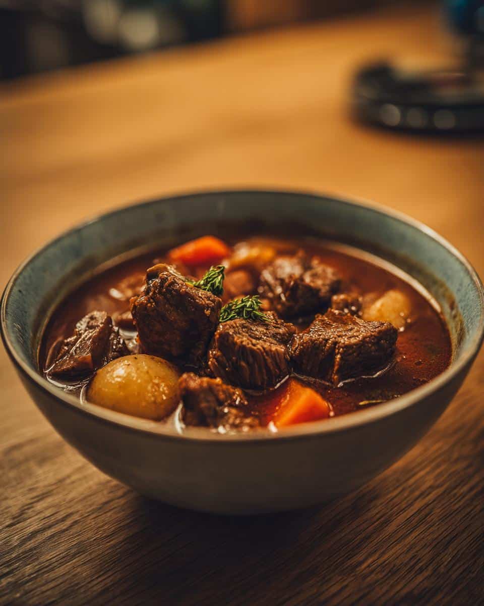 Close-up of a bowl of beef stew meat recipes, featuring tender beef, potatoes, carrots, and a rich broth.